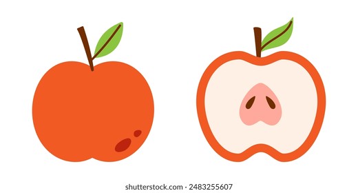 Vector set of cute red apples with leaves in flat design. Summer fruit cliparts. Whole apple and apple in section. Half apple fruit.