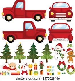 A Vector Set of Cute Red Christmas Truck and Christmas Items