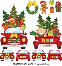 A Vector Set Cute Red Christmas Truck From Front   Back Side and Lots Christmas Decoration