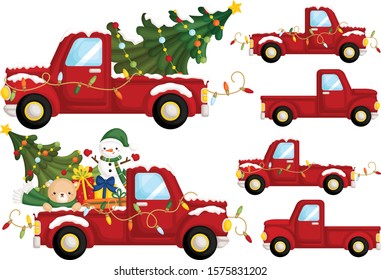 A Vector Set of Cute Red Christmas Truck From Side with Lots of Christmas Decoration
