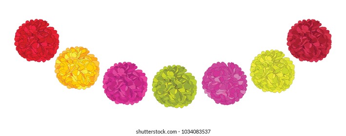 Vector Set of Cute Red, Pink, and Yellow Birthday Party Paper Pom Poms. Great for handmade cards, invitations, wallpaper, packaging, nursery designs.