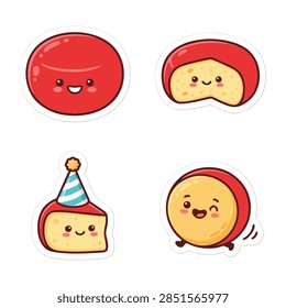Vector set of cute red wax cheese cartoon characters with happy faces and party hat, kawaii gouda edam cheese mascot illustration isolated on white
