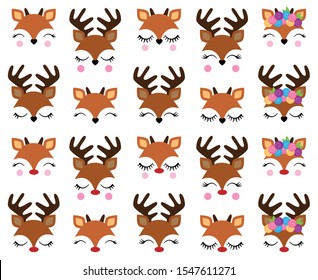 Vector Set Of Cute Reindeer Faces