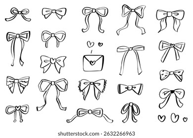 Vector set of cute retro coquette bows. white and black elegant ribbons line art illustration. Hand drawn silk tape accessory. Girly decor clipart