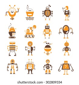 vector set of cute robot icons, orange theme