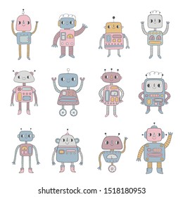 Vector set with cute robots in cartoon style.