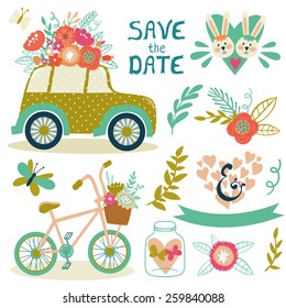 Vector set of cute romantic elements: car with flower, jar, heart, butterflies, ribbon, bunnies, bicycle, flowers and branches. Hand drawing objects are isolated on white. 