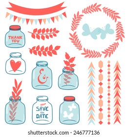 Vector set of cute romantic isolated on white elements : different jars, wreath, heart, butterflies, branches, ribbons, garlands. Vintage labels.