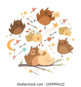 vector set with cute romantic owls. bird mail. love letters, boho style, clip-art. arrows, magic, doodles