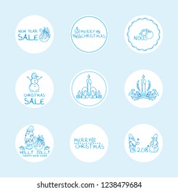 Vector set of cute round labels, stickers for Christmas decoration. Blue frozen design. Christmas and Happy New Year arts, contains tags for sale, greetings, Holiday captions, 2018 year icons. 