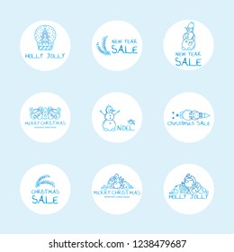 Vector set of cute round labels, stickers for Christmas decoration. Blue frozen design. Christmas and Happy New Year arts, contains tags for sale, greetings, Holiday captions, 2018 year icons. 