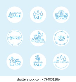 Vector set of cute round labels, stickers for Christmas decoration. Blue frozen design. Christmas and Happy New Year arts, contains tags for sale, greetings, Holiday captions, 2018 year icons. Set 5/5