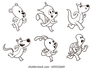 Vector set of cute running animals: bear, fox, kangaroo, rat, rabbit and turtle  on a white background. Sport, Zoo, jogging, healthy lifestyle. Positive character. Line art. Vector illustration.