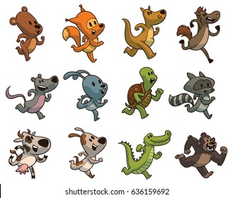 Vector Set Of Cute Running Animals: Bear, Fox, Kangaroo, Rat, Rabbit, Turtle, Cow, Dog, Crocodile, Horse, Raccoon And Gorilla On A White Background. Sport, Zoo, Jogging, Healthy Lifestyle. Color Image