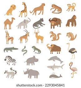 Vector set of cute safari animals. Leopard, lion, giraffe, elephant,  tiger, crocodile, zebra, panther,  monkey, gorilla, hippo, cheetah, rhino, snake, camel, lemur, numbat. 