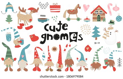 Vector set of cute scandinavian gnomes, christmas elements and characters. Kids illustrations isolated on white background. Cute collection for x-mas design.