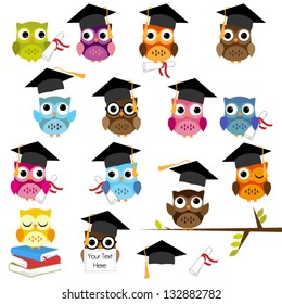 Vector Set of Cute School and Graduation Themed Owls