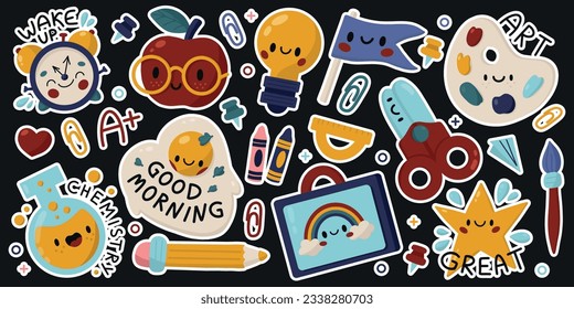 Vector set cute school sticker pack. Stationery supply, school subjects back to school collection