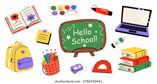 A vector set of cute school supplies in cartoon doodle style: a backpack, a stack of books, a glass with pencils, paints, a laptop, and a chalkboard. Colorful flat illustrations for children's educational designs A vector set of cute school supplies in cartoon doodle style: a backpack, a stack of books, a glass with pencils, paints, a laptop, and a chalkboard. Colorful flat illustrations for children's educational designs