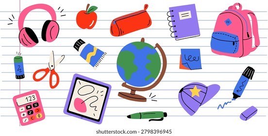 A vector set of cute school supplies in cartoon doodle style: a backpack, calculator, pencil case, globe, tablet and headphones, scissors, notepad, cap, and marker. Time for school, September 1s