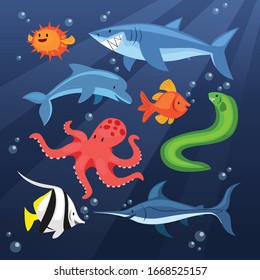 Vector set of cute sea animals.