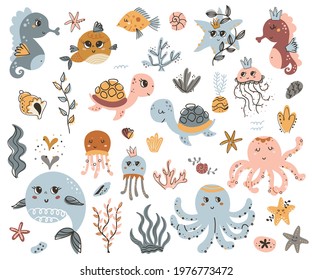 Vector set of cute sea animals. Perfect for kids bedroom, nursery decoration, posters and wall decorations