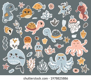 Vector set of cute sea animals stickers. Vector illustration for design of planners, notebooks and more