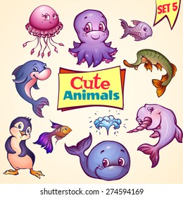 Vector set of cute sea animals. Dolphin, pike, octopus and etc