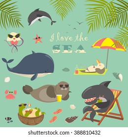 Vector set of cute sea animals on resort
