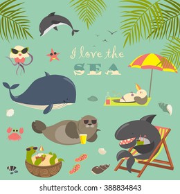 Vector set of cute sea animals on resort