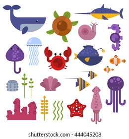 Vector set of cute sea animals creatures characters