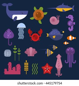Vector set of cute sea animals creatures characters