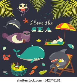 Vector set of cute sea animals on resort