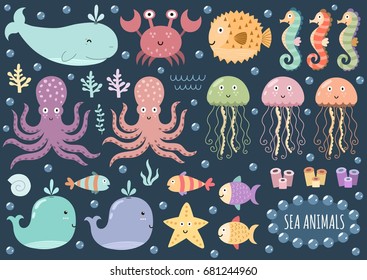 Vector set of cute sea animals. Underwater isolated elements. Great for baby shower and kids design. Whale, octopus, crab, jellyfish, globefish, seahorse and other