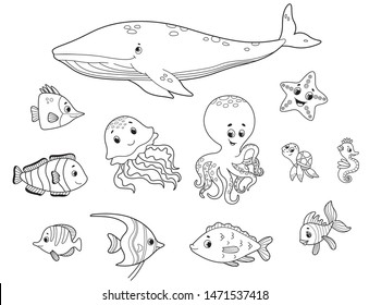 Vector set with cute sea creatures. Vector cartoon sea characters. Vector illustration for children. Coloring book