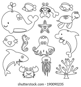 Vector Set of Cute Sea Creatures Line Art