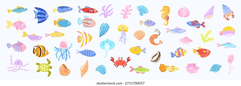 Conjunto de Vector de criaturas marinas lindas, Elementos marinos, peces, medusas, caballito de mar, cangrejo, tortugas, camarones, conchas, coral, algas marinas. Perfecto para diseños infantiles, pegatinas y proyectos educativos.