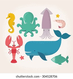 Vector Set of Cute Sea Creatures. Marine Life