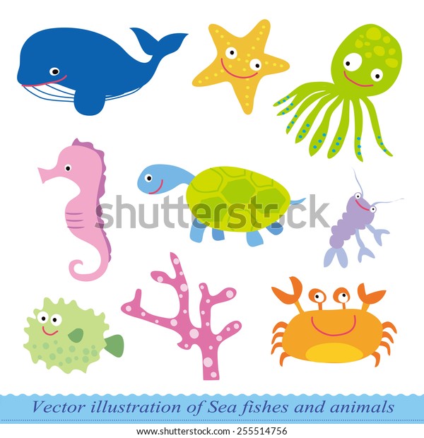 Vector Set Cute Sea Creatures 스톡 벡터(로열티 프리) 255514756