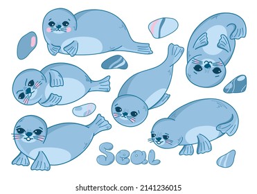 Vector set with cute sea seals, fur seals, funny sea animals in cartoon style. Children's illustration for postcards, posters, pajamas, fabrics, clothes, stickers.