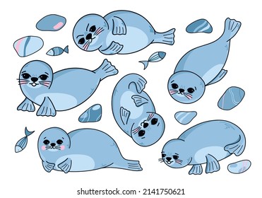 Vector set with cute sea seals, fur seals, funny sea animals in cartoon style. Children's illustration for postcards, posters, pajamas, fabrics, clothes, stickers.