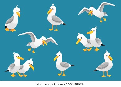 Vector set of cute seagulls isolated on blue background. Vector illustration.