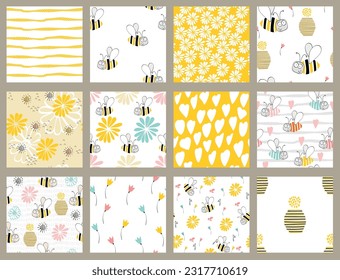 Vector set of cute seamless patterns with cartoon bee