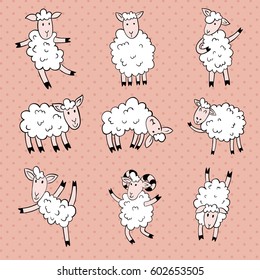 vector set of cute sheep in different poses on dotted background