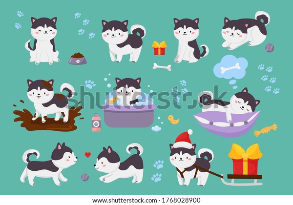 かわいいシベリアン ハスキー犬のベクター画像セット かわいい漫画のキャラクター子犬は 泥だらけの水たまりに飛び込み 洗い ボールを弾き 枕の上で眠る そりと贈り物を持つクリスマス犬 子ども向けのイラスト のベクター画像素材 ロイヤリティフリー