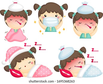 A Vector Set of Cute Sick Girl in Many Positions and Conditions
