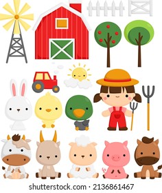 A Vector Set Of Cute And Simple Farm Animals At Barn