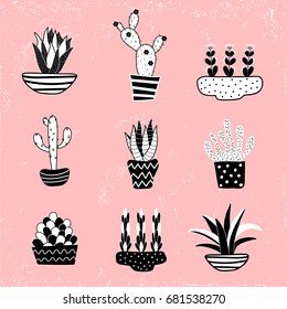 vector set of cute and simple illustrations of cacti on pink grunge background