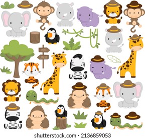 A Vector Set of Cute and Simple Safari Jungle Animals