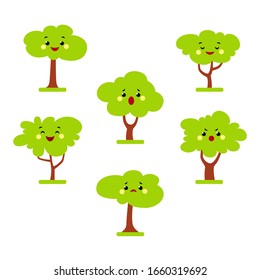 Vector set of cute simple trees with different faces. Flat plants with emotions. Green forest characters. A group of trees for a cartoon  park